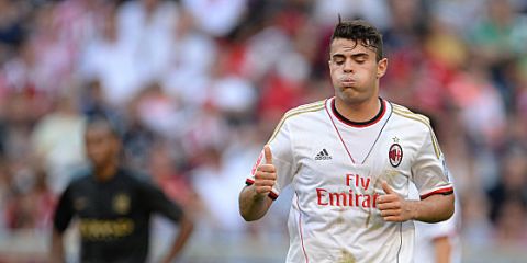 Andrea Petagna of AC Milan celebrates after scoring 5-3 during the Audi Cup soccer semifinal match Manchester City vs AC Milan at Allianz Arena in Munich, Germany, 31 July 2013. Photo: Andreas Gebert/dpa