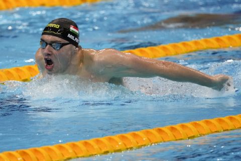 Kristof Milak, of Hungary, swims in a men's 200-meter butterfly final at the 2020 Summer Olympics, Wednesday, July 28, 2021, in Tokyo, Japan. (AP Photo/Charlie Riedel)