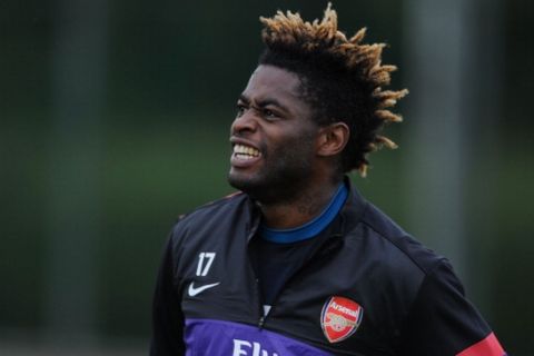 ST ALBANS, ENGLAND - JULY 17:  (EXCLUSIVE COVERAGE) Alex Song of Arsenal looks on during a training session at London Colney on July 17, 2012 in St Albans, England. (Photo by Stuart MacFarlane/Arsenal FC via Getty Images)