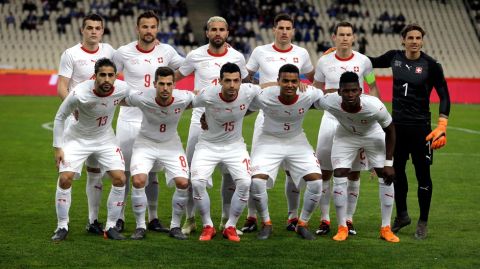 In this photo taken on Friday, March 23, 2018, Switzerland team poses for the photographers before an international friendly soccer match against Greece at the Olympic stadium in Athens. (AP Photo/Thanassis Stavrakis)
