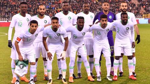 Saudi Arabia's national team poses prior to an international friendly soccer match between Belgium and Saudi Arabia at King Baudouin stadium in Brussels on Tuesday, March 27, 2018. (AP Photo/Geert Vanden Wijngaert)