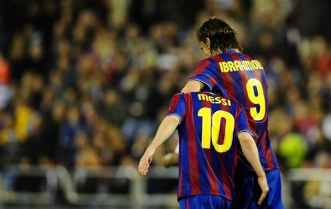 FC Barcelona's Zlatan Ibrahimovic from Sweden celebrates with his teammate Lionel Messi from Argentina after scoring against Zaragoza during their Spanish La Liga soccer match at the Romareda stadium in Zaragoza, Spain, on Sunday, March 21, 2010. (AP Photo/David Ramos)