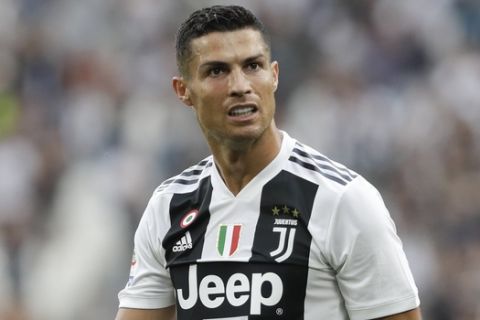 Juventus' Cristiano Ronaldo grimaces during a Serie A soccer match between Juventus and Lazio, at the Allianz stadium in Turin, Italy,Saturday, Aug. 25, 2018. (AP Photo/Luca Bruno)