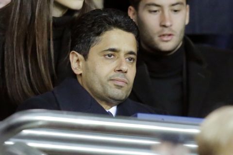 FILE  - In this Friday, Oct. 27, 2017 file photo, Paris Saint Germain's President Nasser Al-Khelaifi attends the French League One soccer match Paris-Saint-Germain against Nice at Parc des Princes stadium in Paris, France. Al-Khelaifi is set to join UEFA on its ruling executive committee shaping European soccer. The European Club Association says its board elected the Qatari to be one of its two delegates on the policy-making UEFA panel it was reported on Wednesday, Jan. 30, 2019. (AP Photo/Michel Euler, File)