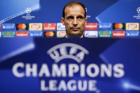 Juventus' coach Massimiliano Allegri attends a press conference at the Camp Nou stadium in Barcelona, Spain, Monday, Sept. 11, 2017. FC Barcelona will play against Juventus in a Champions League Group D soccer match on Tuesday. (AP Photo/Manu Fernandez)