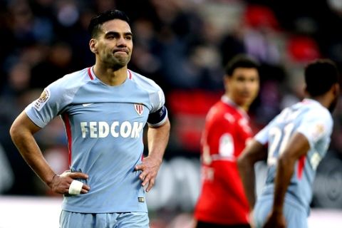 Monaco's Radamel Falcao reacts during his French League One soccer match against Rennes, in Rennes, western France, Wednesday, April 4, 2018.(AP Photo/David Vincent)