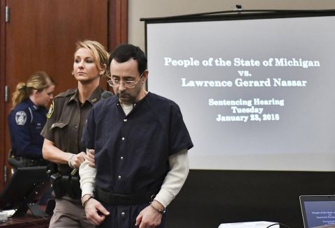 Larry Nassar is brought into court Tuesday, Jan. 23, 2018, in Lansing, Mich.  Nassar, 54, has admitted sexually assaulting athletes under the guise of medical treatment when he was employed by Michigan State University and USA Gymnastics, which as the sport's national governing organization trains Olympians. He already has been sentenced to 60 years in prison for child pornography. Under a plea bargain, he faces a minimum of 25 to 40 years behind bars in the molestation case.  (Matthew Dae Smith/Lansing State Journal via AP)