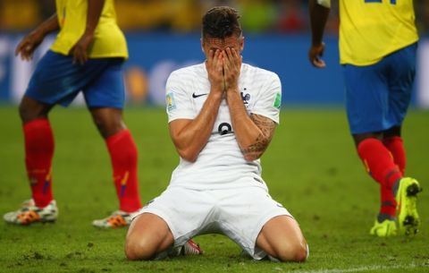 RIO DE JANEIRO, BRAZIL - JUNE 25:  Olivier Giroud of France reacts after a missed chance during the 2014 FIFA World Cup Brazil Group E match between Ecuador and France at Maracana on June 25, 2014 in Rio de Janeiro, Brazil.  (Photo by Clive Rose/Getty Images)