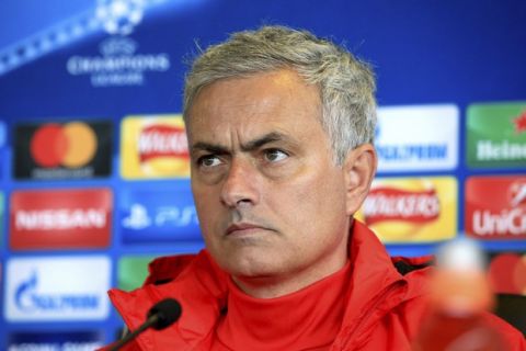 Manchester United manager Jose Mourinho pauses during a press conference at their training ground in Carrington, Manchester, England Monday Sept. 11, 2017.  United are preparing for their Champions League group stage soccer match against Basel on Tuesday. (Peter Byrne/PA via AP)