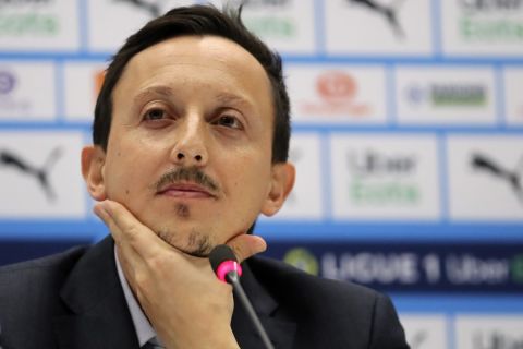 Pablo Longoria, who has been hired as the new president of Olympique de Marseille soccer club attends a press conference at the Velodrome stadium, in Marseille, southern France, Tuesday, March 9, 2021. Jacques-Henri Eyraud has been replaced as Marseille president by Pablo Longoria and Jorge Sampaoli has been hired as the new coach amid sweeping changes. (AP Photo/Daniel Cole)