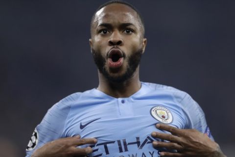 Manchester City forward Raheem Sterling celebrates scoring his side's third goal putting the final score at a 3-2 win for his team during the first leg, round of sixteen, Champions League soccer match between Schalke 04 and Manchester City at Veltins Arena in Gelsenkirchen, Germany, Wednesday Feb. 20, 2019. (AP Photo/Michael Probst)