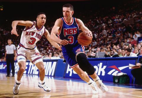 NEW YORK - APRIL 21:  Drazen Petrovic #3 of the New Jersey Nets drives to the basket against John Starks #3 of the New York Knicks during a game at Madison Square Garden on April 21, 1993 in New York, New York.  NOTE TO USER: User expressly acknowledges that, by downloading and or using this photograph, User is consenting to the terms and conditions of the Getty Images License agreement. Mandatory Copyright Notice: Copyright 1993 NBAE (Photo by Nathaniel S. Butler/NBAE via Getty Images)