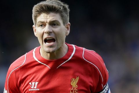 Liverpools Steven Gerrard shouts during the English Premier League soccer match between Chelsea and Liverpool at Stamford Bridge, London, Sunday, May 10, 2015. (AP Photo/Tim Ireland)