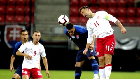 Denmark's Christian Offenberg, right, and Slovakia's Robert Mazan challenge for the ball during a friendly soccer match between Slovakia and Denmark in Trnava, Slovakia, Wednesday, Sept. 5, 2018. Every player in Denmark's squad are uncapped following a dispute between Denmark's star players and the Danish Football Association. (AP Photo/Ronald Zak)