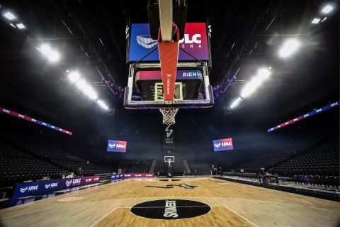 This photograph taken in Decines-Charpieu near Lyon on November 23, 2023 shows the new stadium "LDLC Arena" of the ASVEL basket-ball club on the day of its opening. (Photo by OLIVIER CHASSIGNOLE / AFP)