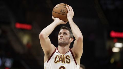 Cleveland Cavaliers' Kevin Love shoots in the second half of an NBA basketball game against the Brooklyn Nets, Wednesday, Oct. 24, 2018, in Cleveland. (AP Photo/Tony Dejak)