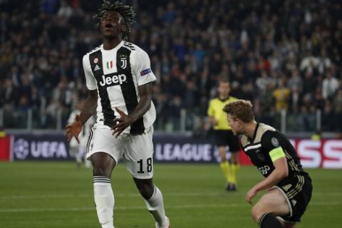 Juventus' Moise Kean reacts after missing a scoring chance during the Champions League quarter final, second leg soccer match between Juventus and Ajax, at the Allianz stadium in Turin, Italy, Tuesday, April 16, 2019. (AP Photo/Antonio Calanni)