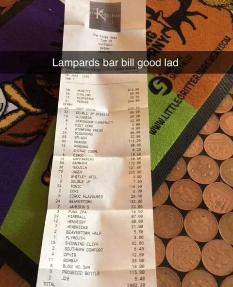 Ο Λάμπαρντ έκανε λογαριασμό 3.000 € για να τα πιει με τους παίκτες της Ντέρμπι Κάουντι