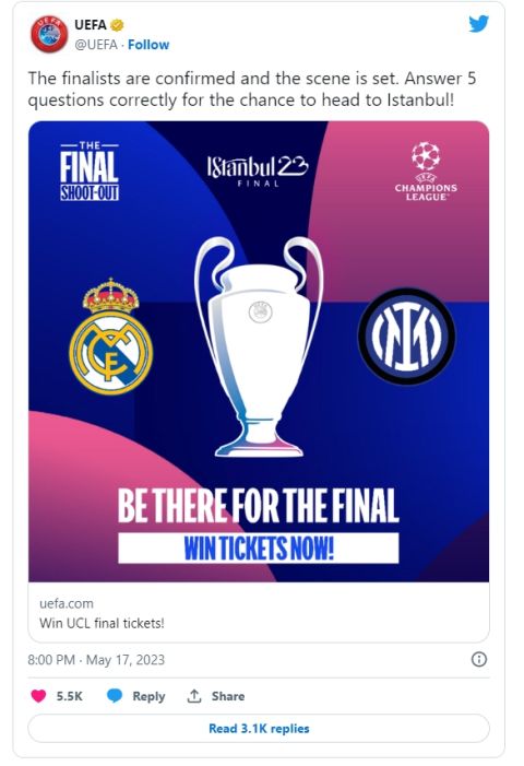 Champions League: Η UEFA τουίταρε για τα εισιτήρια του τελικού Ρεάλ - Ίντερ χωρίς να έχουν προκριθεί οι Ισπανοί