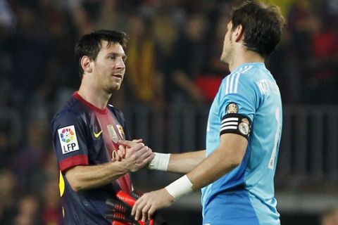 Real Madrid's goalkeeper Iker Casillas shakes hands with FC Barcelona's Lionel Messi from Argentina, left, during a Spanish La Liga soccer match at the Camp Nou stadium in Barcelona, Spain, Sunday, Oct. 7, 2012. (AP Photo/Andres Kudacki)