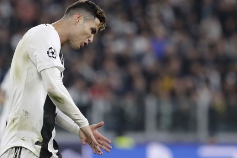 Juventus' Cristiano Ronaldo reacts during the Champions League, quarterfinal, second leg soccer match between Juventus and Ajax, at the Allianz stadium in Turin, Italy, Tuesday, April 16, 2019. (AP Photo/Luca Bruno)