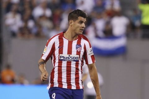Atletico Madrid forward Alvaro Morata in action during the first half of an International Champions Cup soccer match against Real Madrid, Friday, July 26, 2019, in East Rutherford, N.J. Atletico Madrid won 7-3. (AP Photo/Steve Luciano)