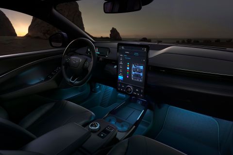 Drive experience features on the Mustang Mach-E include custom-designed vehicle responsiveness such as sportier steering controls, ambient lighting, sounds tuned for an authentic all-electric experience, and dynamic cluster animations that are tied to driving behavior. 
