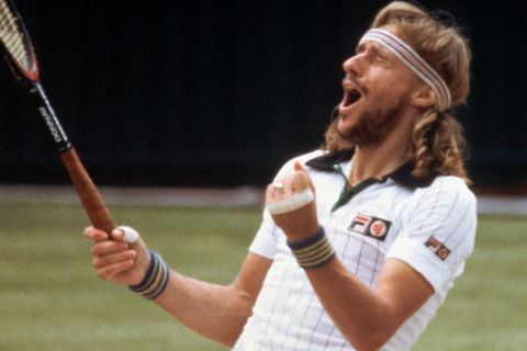 FILE - In this July 5, 1980 file photo, Bjorn Borg celebrates after defeating John McEnroe to win at the All England Lawn Tennis Championships in Wimbledon, London. The cool Swede was the first man to win five straight Wimbledon titles since Britains Laurence Doherty in the early years of the 20th century. Borgs success was somewhat of a surprise as his game was considered to be more appropriate for the clay courts of Paris than the lush green grass of southwest London. His victory over McEnroe in 1980 remains one of, if not the, greatest tennis matches ever played. Despite losing a fourth set tiebreaker 18-16, Borg swept the American aside in the deciding fifth.  (AP Photo/Adam Stoltman, File)