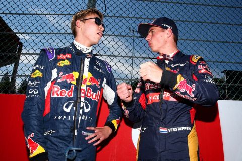 SPA, BELGIUM - AUGUST 23:  Daniil Kvyat of Russia and Infiniti Red Bull Racing speaks with Max Verstappen of Netherlands and Scuderia Toro Rosso on the grid before the Formula One Grand Prix of Belgium at Circuit de Spa-Francorchamps on August 23, 2015 in Spa, Belgium.  (Photo by Mark Thompson/Getty Images)