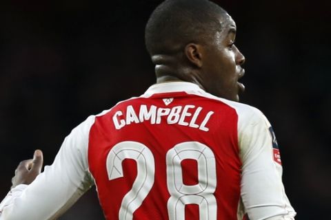 Arsenal's Joel Campbell reacts to a referee decision during the English FA Cup third round soccer match between Arsenal and Sunderland at the Emirates stadium in London, Saturday, Jan. 9, 2016 . (AP Photo/Alastair Grant)
