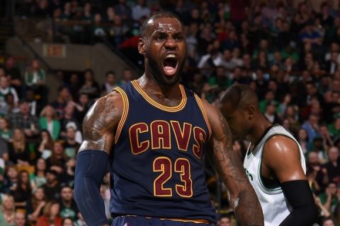 BOSTON, MA - March 1: LeBron James #23 of the Cleveland Cavaliers reacts during the game against the Boston Celtics on March 1, 2017 at the TD Garden in Boston, Massachusetts.  NOTE TO USER: User expressly acknowledges and agrees that, by downloading and or using this photograph, User is consenting to the terms and conditions of the Getty Images License Agreement. Mandatory Copyright Notice: Copyright 2017 NBAE  (Photo by Brian Babineau/NBAE via Getty Images)