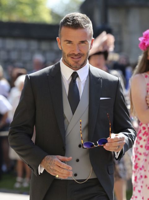 David Beckham arrives for the wedding ceremony of Prince Harry and Meghan Markle at St. George's Chapel in Windsor Castle in Windsor, near London, England, Saturday, May 19, 2018. (Gareth Fuller/pool photo via AP)