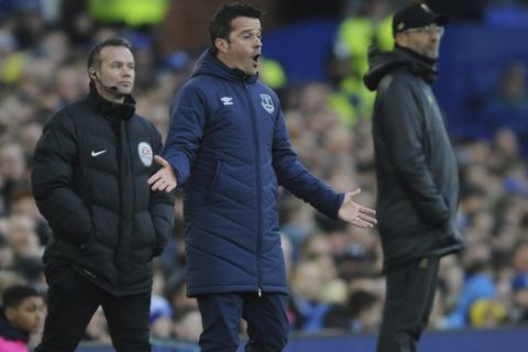 Everton manager Marco Silva gestures during the English Premier League soccer match between Everton and Liverpool at Goodison Park in Liverpool, England, Sunday, March 3, 2019. (AP Photo/Rui Vieira)