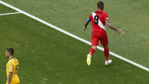 Peru's Paolo Guerrero celebrates scoring his team's second goal during the group C match between Australia and Peru, at the 2018 soccer World Cup in the Fisht Stadium in Sochi, Russia, Tuesday, June 26, 2018. (AP Photo/Efrem Lukatsky)