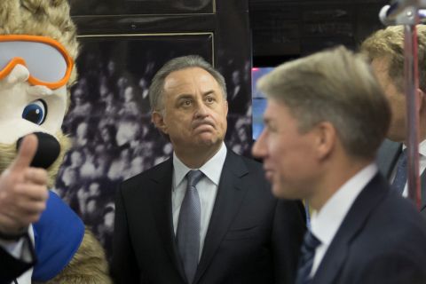 Vitaly Mutko, Russian Federation Deputy Prime Minister & Local Organising Committee Chairman reacts walking inside a metro train branded for the 2018 World Cup during a ceremony in Moscow, Russia, on Tuesday, Nov. 28, 2017. (AP Photo/Ivan Sekretarev)
