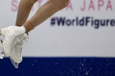 Mariah Bell, of the United States, jumps as she performs her ladies short program in the ISU World Figure Skating Championships at Saitama Super Arena in Saitama, north of Tokyo, Wednesday, March 20, 2019. (AP Photo/Andy Wong)