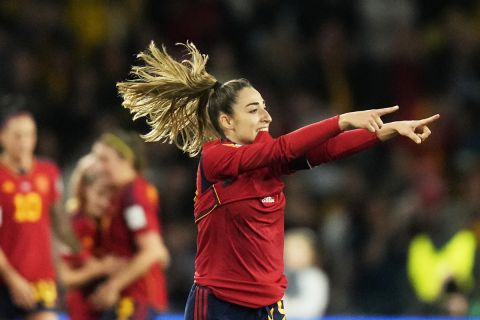 Spain's Olga Carmona celebrates after scoring the opening goal during the final of Women's World Cup soccer between Spain and England at Stadium Australia in Sydney, Australia, Sunday, Aug. 20, 2023. (AP Photo/Rick Rycroft)