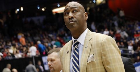 Wake Forest head coach Danny Manning walks off the court during halftime of a First Four game of the NCAA college basketball tournament against Kansas State, Tuesday, March 14, 2017, in Dayton, Ohio. (AP Photo/John Minchillo)