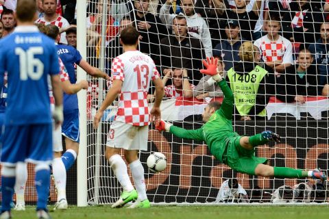 POZNAN, POLAND - JUNE 14:  Stipe Pletikosa of Croatia  fails to stop a goal from a Andrea Pirlo of Italy (not pictured) freekick during the UEFA EURO 2012 group C match between Italy and Croatia at The Municipal Stadium on June 14, 2012 in Poznan, Poland.  (Photo by Claudio Villa/Getty Images)