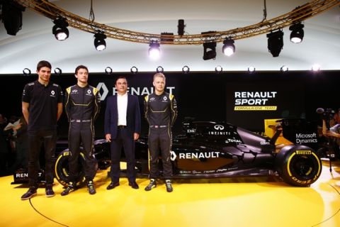 GHOSN Carlos Renault President launching the Renault R.S. 16 with drivers PALMER Jolyon (gbr), MAGNUSSEN Kevin (dan) and OCON Esteban (fra) Renault F1 tests driver  ambiance portrait during the Renault Sport F1 launch at Guyancourt Technocentre, France on february 3 2016 -  Photo Frederic Le Floc'h / DPPI