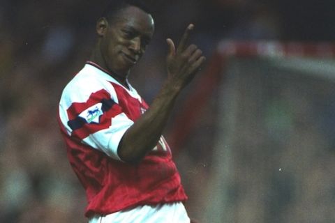 7 NOV 1992:  IAN WRIGHT OF ARSENAL CELEBRATES AFTER SCORING A GOAL AGAINST COVENTRY DURING THEIR PREMIER LEAGUE MATCH AT HIGHBURY. ARSENAL WON THE  MATCH 3-0.