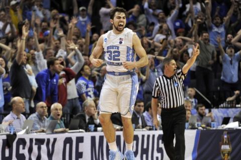 North Carolina forward Luke Maye celebrates after shooting the winning basket in the second half of the South Regional final game against Kentucky in the NCAA college basketball tournament Sunday, March 26, 2017, in Memphis, Tenn. The basket gave North Carolina a 75-73 win. (AP Photo/Brandon Dill)