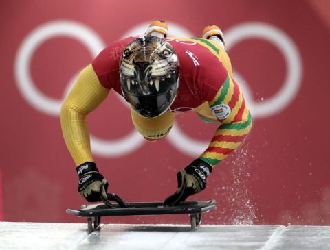 Akwasi Frimpong, of Ghana, starts his practice run during the men's skeleton training at the 2018 Winter Olympics in Pyeongchang, South Korea, Wednesday, Feb. 14, 2018. (AP Photo/Wong Maye-E)
