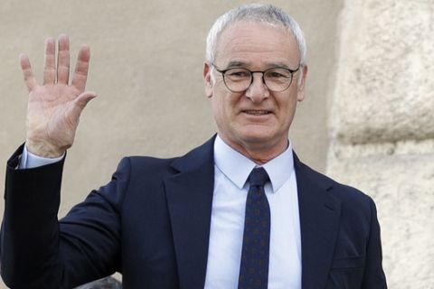 FILE - In this Thursday, March 30, 2017 file photo, soccer coach Claudio Ranieri waves from a balcony of Rome's Capitol Hill,  after receiving an honorary award for his work at Leicester City. The arrival of Claudio Ranieri as Fulhams new coach should ensure an end to the chaotic selections, loose defending and naive approach that marked the teams turbulent first three months back in the Premier League.  (AP Photo/Andrew Medichini, File)