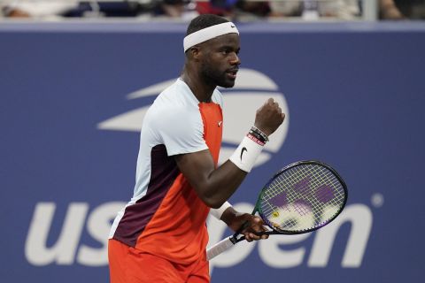 Frances Tiafoe, of the United States, reacts after winning a point against Jason Kubler, of Australia, during the second round of the U.S. Open tennis championships, Thursday, Sept. 1, 2022, in New York. (AP Photo/Charles Krupa)