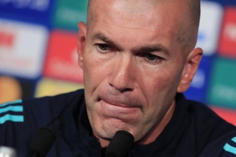 Real Madrid's coach Zinedine Zidane attends a media conference at Stade des Princes stadium in Paris, Tuesday, Sept. 17, 2019. Real Madrid will play PSG in a Champions League match on Wednesday Sept. 18. (AP Photo/Michel Euler)
