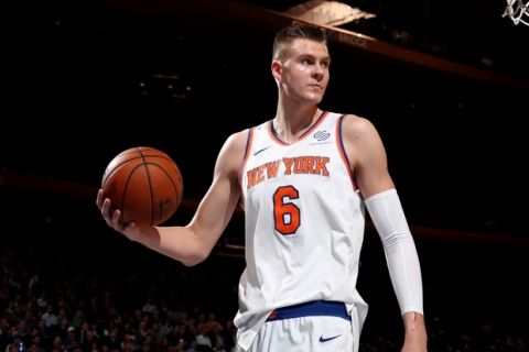 BROOKLYN, NY - NOVEMBER 7: Kristaps Porzingis #6 of the New York Knicks reacts during the game against the Charlotte Hornets on November 7, 2017 at Madison Square Garden in New York City, New York. NOTE TO USER: User expressly acknowledges and agrees that, by downloading and or using this Photograph, user is consenting to the terms and conditions of the Getty Images License Agreement. Mandatory Copyright Notice: Copyright 2017 NBAE (Photo by Nathaniel S. Butler/NBAE via Getty Images)