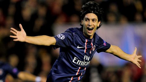 PSG's Argentinian midfielder Javier Pastore celebrates his goal during the UEFA Champions League round of 16 first leg football match Valencia CF vs Paris Saint Germain at the Mestalla stadium in Valencia on February 12, 2013.   AFP PHOTO/ JOSEP LAGO        (Photo credit should read JOSEP LAGO/AFP/Getty Images)
