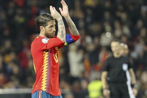 Spain's Sergio Ramos celebrates after scoring his side's second goal during the Euro 2020 group F qualifying soccer match between Spain and Norway at the Mestalla stadium in Valencia, Spain, Saturday, March 23, 2019. (AP Photo/Alberto Saiz)
