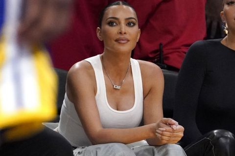 Celebrity Kim Kardashian watches during the second half in Game 3 of an NBA basketball Western Conference semifinal between the Los Angeles Lakers and the Golden State Warriors Saturday, May 6, 2023, in Los Angeles. (AP Photo/Mark J. Terrill)